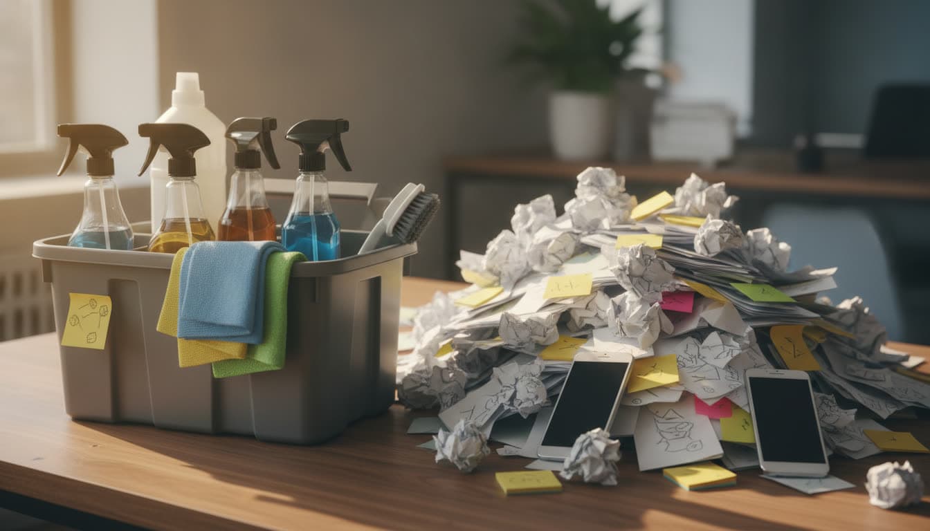 A cleaning caddy with spray bottles beside a mountain of crumpled paperwork, sticky notes and phones on a desk