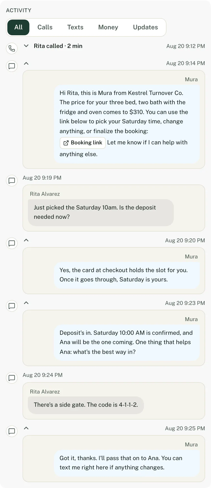 A job's activity feed: Rita calls at 9:12 PM, the agent texts back a $310 price and a booking link, Rita picks Saturday 10 AM and pays the deposit, and the agent confirms the cleaner and asks how to get in.